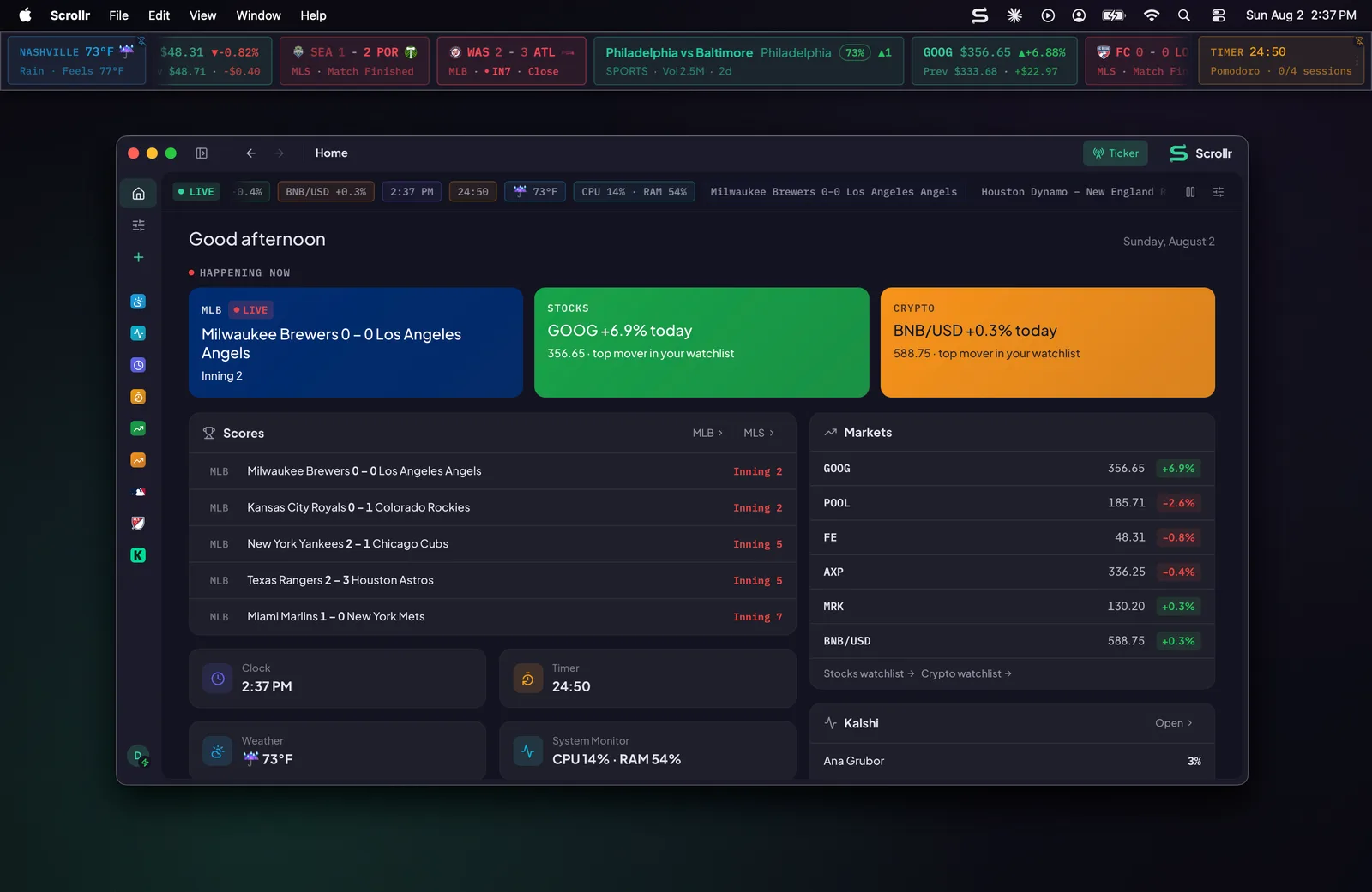 Scrollr on a real macOS desktop: the live ticker pinned along the top of the screen showing weather, MLB and MLS games, markets, and a timer, with the Home window open showing scores and markets